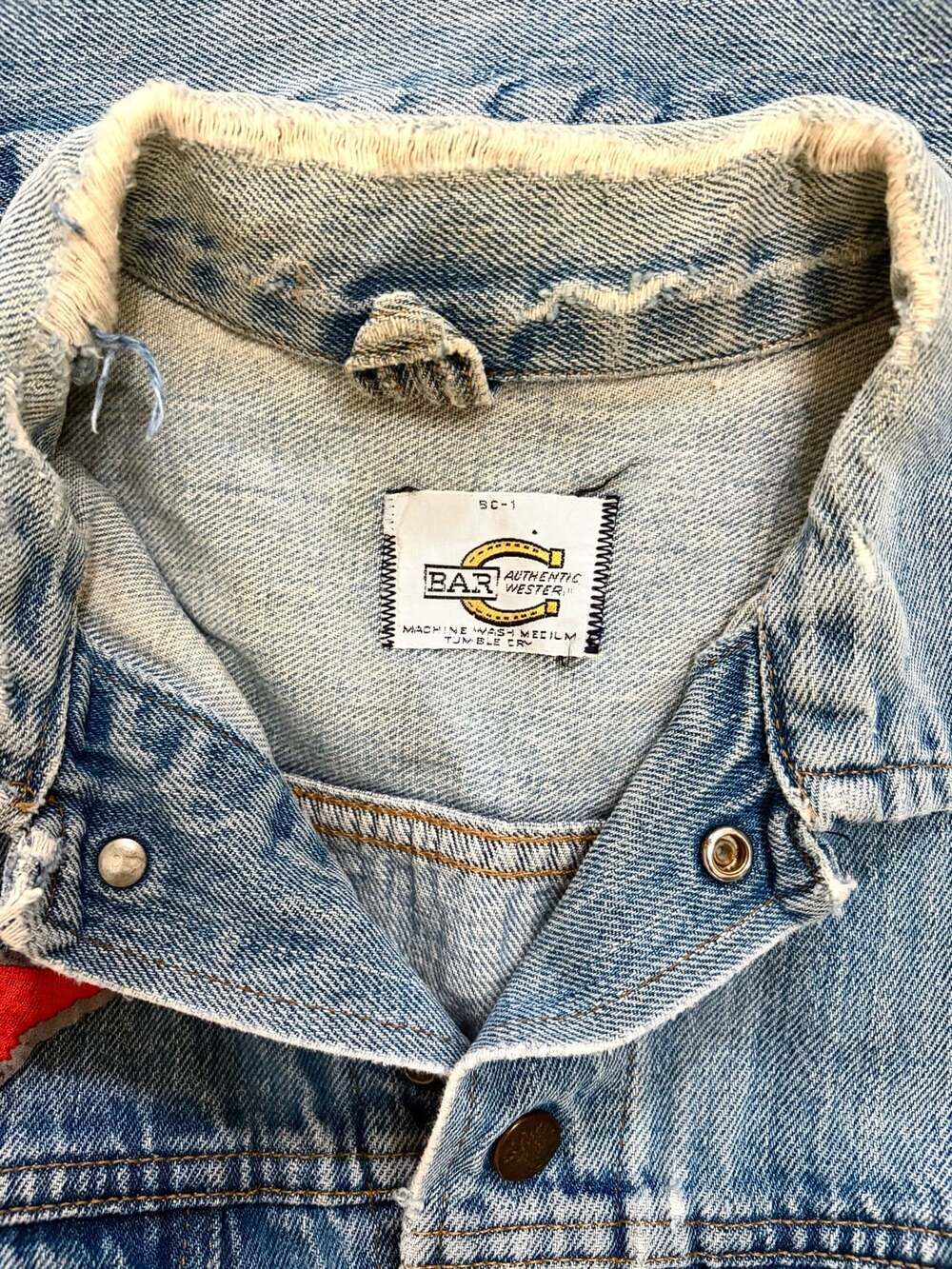 Bar C Authentic Western 1980s Denim Jacket Blue Wash Distressed Harley Davidson